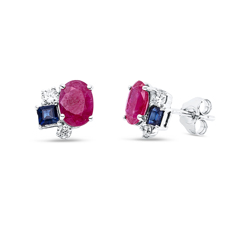 Ohrstecker 18 kt WG, 4 Brill. 0,23 ct, TW-si, 2 Rubine 1,85 ct rot, 2 Saphire 0,38 ct blau