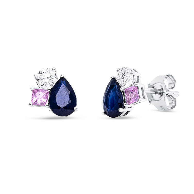 Ohrstecker 18 kt WG, 2 Brill. 0,26 ct, TW-si, 2 Saphire 1,04 ct blau, 2 Saphire 0,24 ct pink