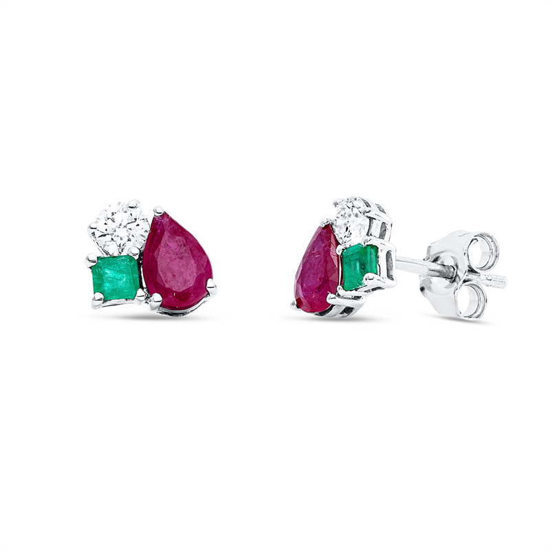 Ohrstecker 18 kt WG, 2 Brill. 0,26 ct, TW-si, 2 Rubine 1,13 ct rot, 2 Smaragde 0,24 ct grün