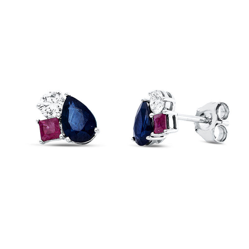 Ohrstecker 18 kt WG, 2 Brill. 0,27 ct, TW-si, 2 Saphire 1,04 ct blau, 2 Rubine 0,24 ct rot