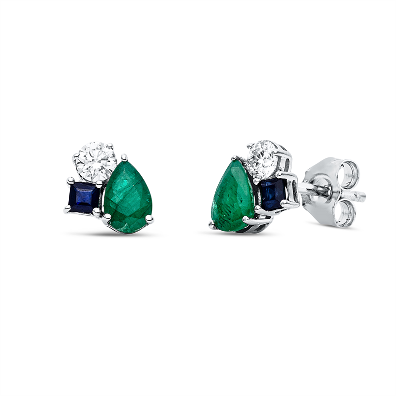 Ohrstecker 18 kt WG, 2 Brill. 0,27 ct, TW-si, 2 Smaragde 0,79 ct grün, 2 Saphire 0,18 ct blau