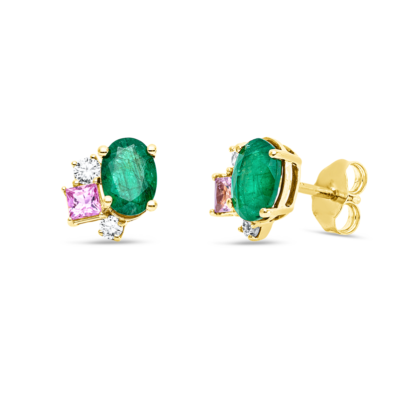 Ohrstecker 18 kt GG, 4  Brill. 0,20 ct, TW-si, 2 Smaragde 1,33 ct grün, 2 Saphire 0,38 ct pink