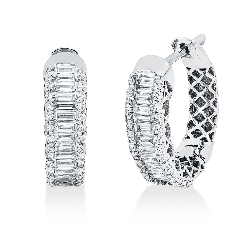 Creolen 18 kt WG, 29 Bag. 0,82 ct, F-vsi, 56 Brill. 0,38 ct, F-si