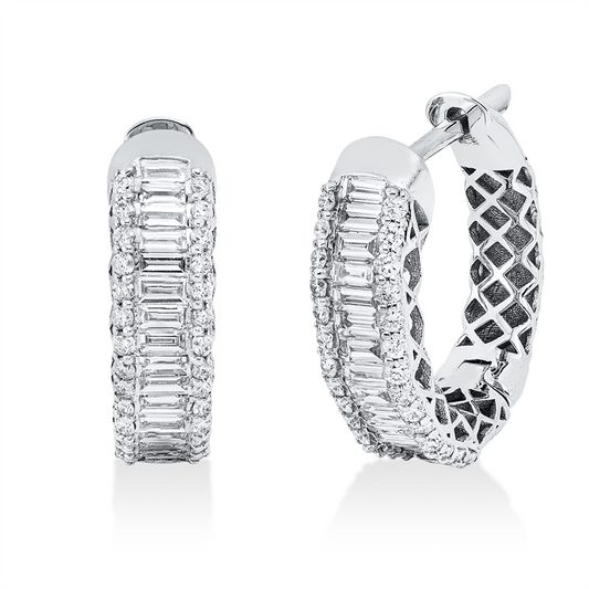 Creolen 18 kt WG, 29 Bag. 0,82 ct, F-vsi, 56 Brill. 0,38 ct, F-si