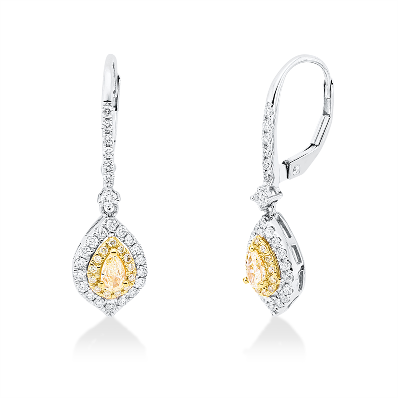 Ohrschmuck 18 kt WG+GG, 50 Brill. 0,47 ct, TW-si, 2 Tropfen 0,34 ct, gelb, 26 Brill. 0,09 ct, gelb