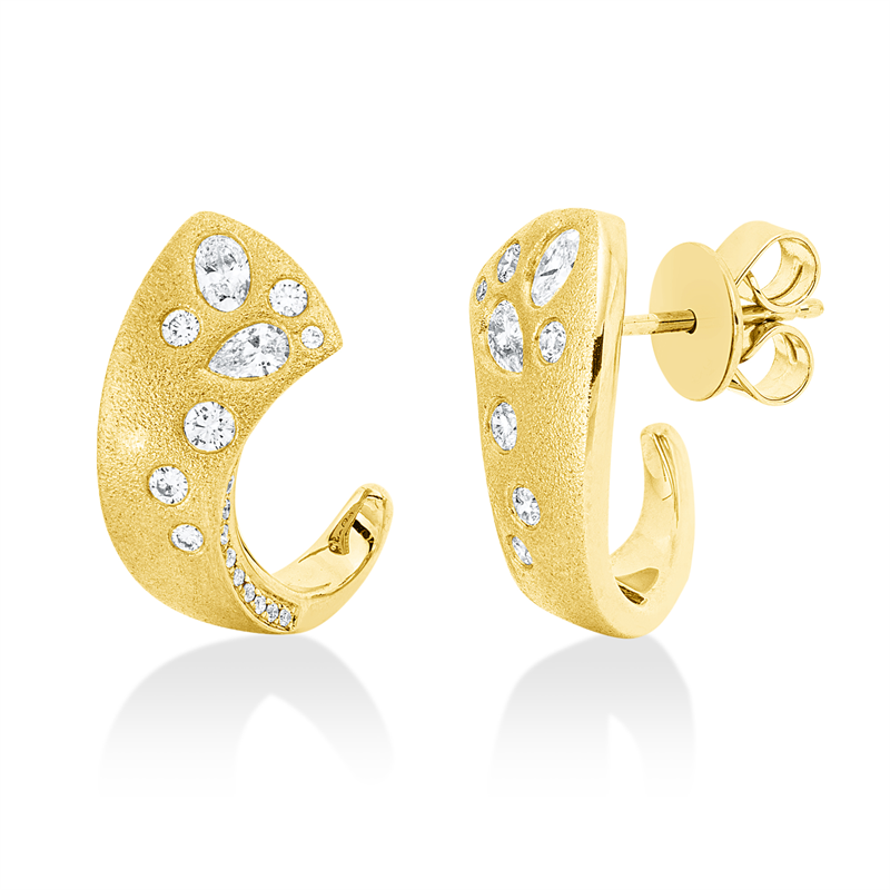 Ohrstecker 18 kt GG, mattiert, 2 Tropfen 0,15 ct, TW-si, 2 Oval 0,16 ct, TW-si, 42 Brill. 0,30 ct, TW-si