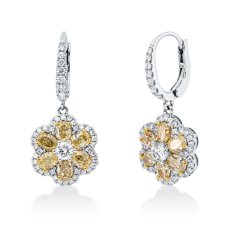 Ohrschmuck 18 kt WG+GG, 88 Brill. 0,77 ct, TW-si, 12 Oval 1,99 ct, gelb