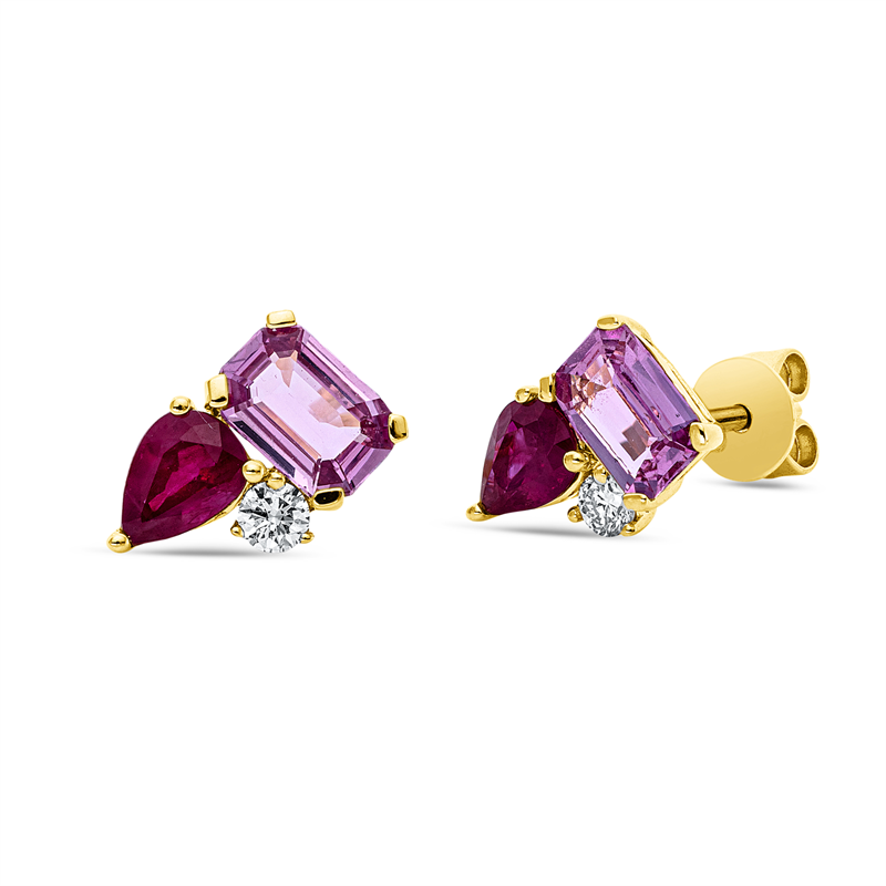 Ohrstecker 18 kt GG, 2 Brill. 0,10 ct, TW-si, 2 Rubine 0,66 ct rot, 2 Saphire 1,00 ct pink