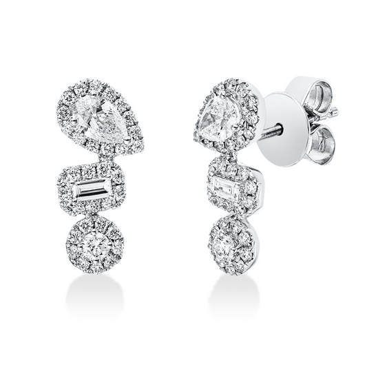 Ohrstecker 18 kt WG, 2 Bag. 0,08 ct, TW-vsi, 2 Tropfen 0,36 ct, TW-vsi, 68 Brill. 0,40 ct, TW-si