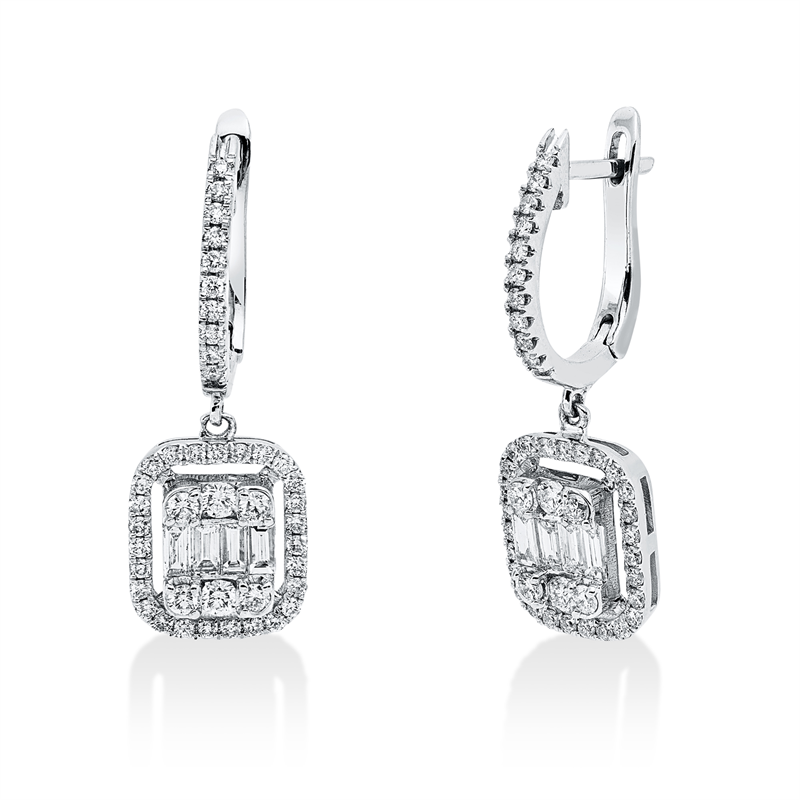 Ohrschmuck 18 kt WG, 12 Brill. 0,35 ct, F-si, 8 Bag. 0,42 ct, F-vsi, 74 Brill. 0,55 ct, F-si