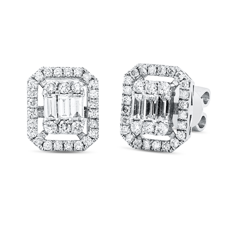 Ohrstecker 14 kt WG, 12 Brill. 0,22 ct, F-si, 6 Bag. 0,35 ct, F-vsi, 48 Brill. 0,36 ct, F-si