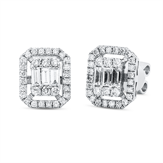 Ohrstecker 14 kt WG, 12 Brill. 0,22 ct, F-si, 6 Bag. 0,35 ct, F-vsi, 48 Brill. 0,36 ct, F-si