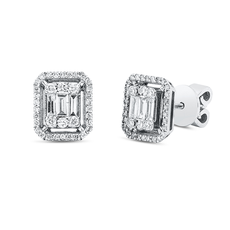 Ohrstecker 14 kt WG, 12 Brill. 0,12 ct, F-si, 6 Bag. 0,24 ct, F-vsi, 60 Brill. 0,18 ct, F-si