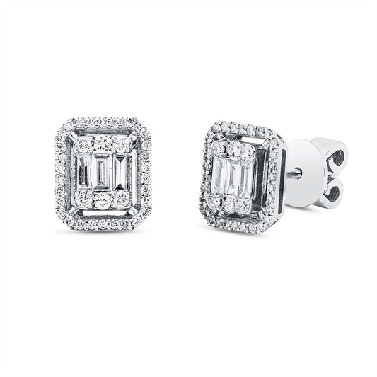 Ohrstecker 14 kt WG, 12 Brill. 0,12 ct, F-si, 6 Bag. 0,24 ct, F-vsi, 60 Brill. 0,18 ct, F-si
