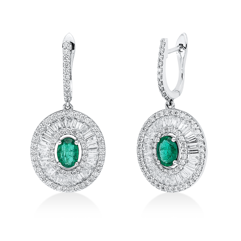 Ohrschmuck 18 kt WG, 60 Trap. 1,95 ct, F-vsi, 136 Brill. 1,36 ct, F-si, 2 Smaragde 1,38 ct grün