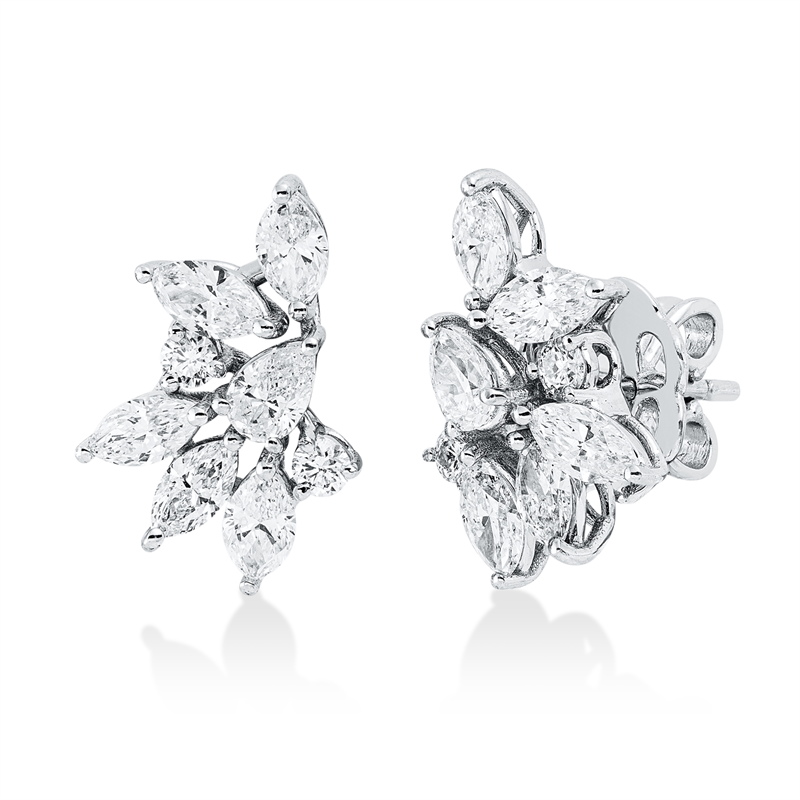 Ohrstecker 18 kt WG, 10 Nav. 1,62 ct, F-vsi, 2 Tropfen 0,36 ct, F-vsi, 4 Brill. 0,21 ct, F-si