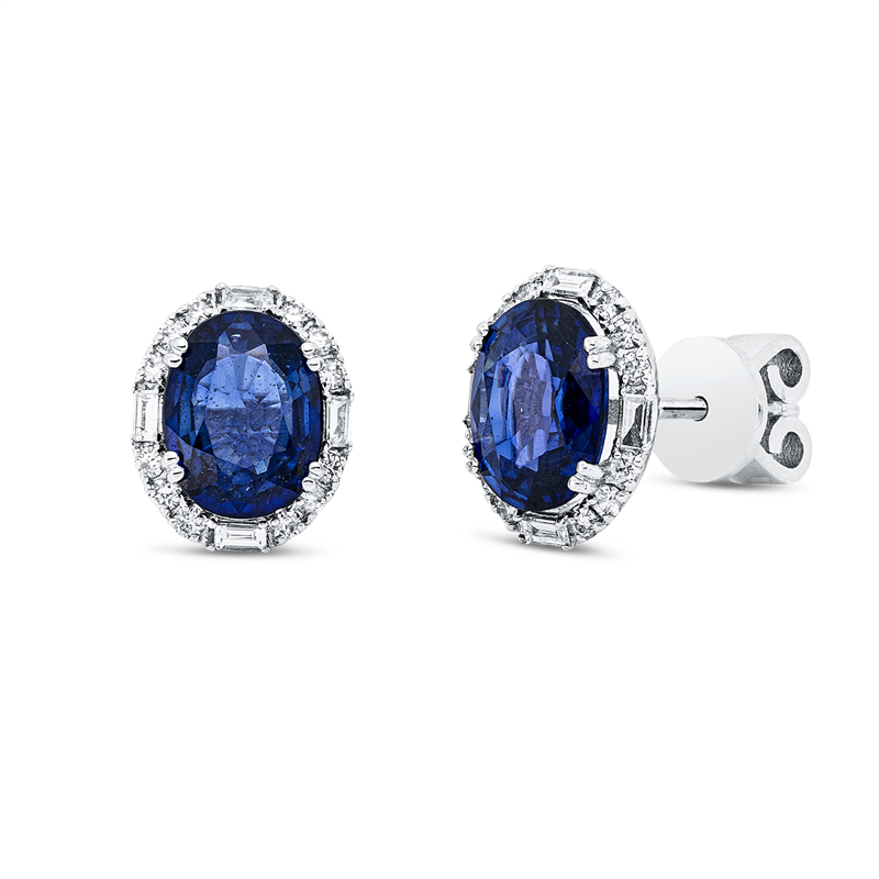 Ohrstecker 18 kt WG, 8 Bag. 0,10 ct, F-vsi, 24 Brill. 0,18 ct, F-si, 2 Saphire 2,68 ct blau