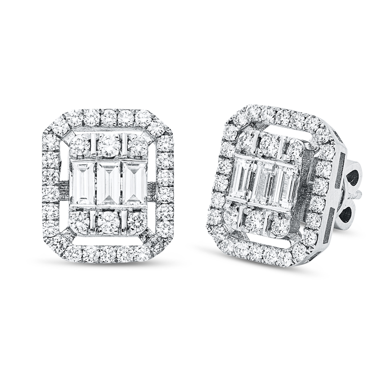 Ohrstecker 18 kt WG, 6 Bag. 0,48 ct, F-vsi, 64 Brill. 0,70 ct, F-si