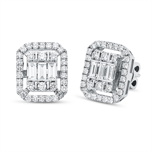 Ohrstecker 18 kt WG, 6 Bag. 0,48 ct, F-vsi, 64 Brill. 0,70 ct, F-si