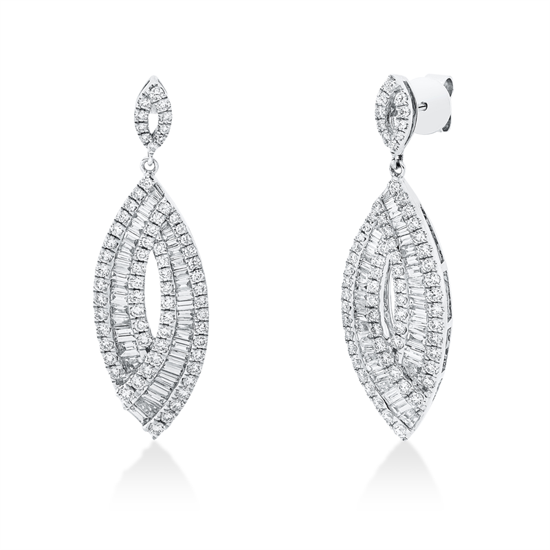 Ohrschmuck 18 kt WG, 132 Brill. 1,09 ct, TW-si, 16 Trap. 0,20 ct, TW-si, 60 Bag. 0,83 ct, TW-si