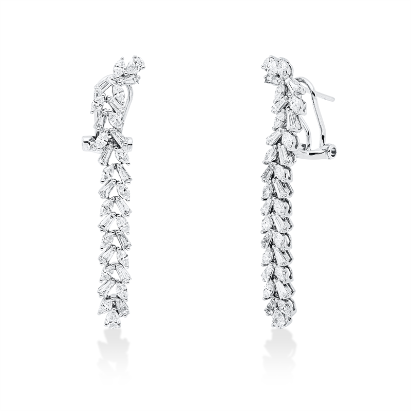 Ohrschmuck 18 kt WG, 4 Tropfen 0,23 ct, TW-si, 30 Nav. 0,91 ct, TW-si, 30 Trap. 0,86 ct, TW-si
