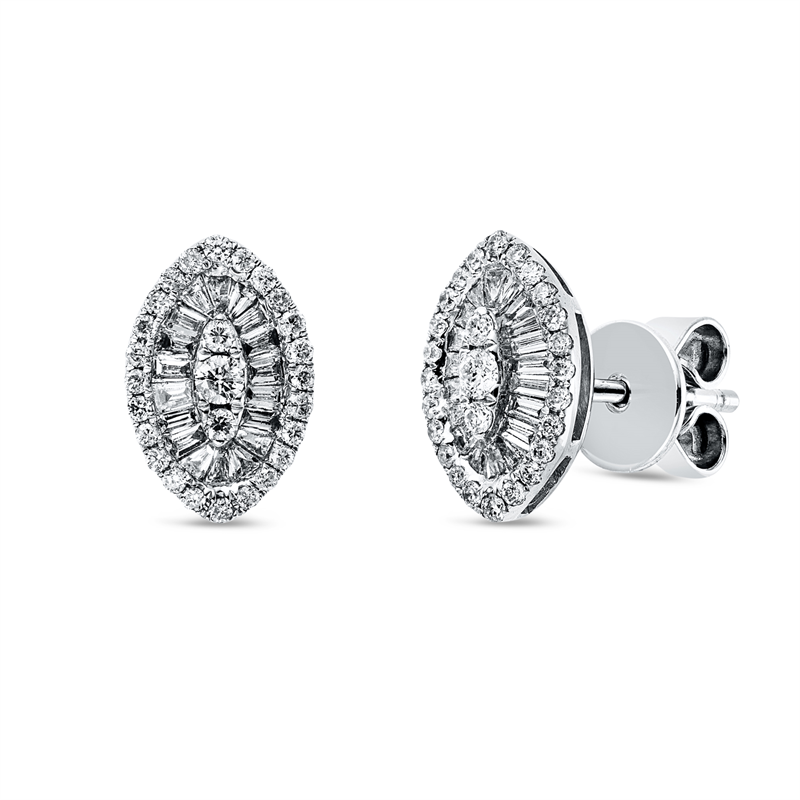 Ohrstecker 18 kt WG, 2 Brill. 0,05 ct, TW-pi, 37 Bag. 0,27 ct, TW-pi, 52 Brill. 0,18 ct, TW-pi