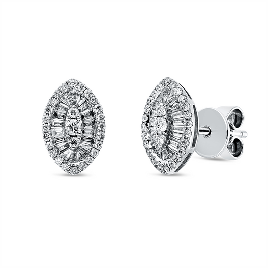 Ohrstecker 18 kt WG, 2 Brill. 0,05 ct, TW-pi, 37 Bag. 0,27 ct, TW-pi, 52 Brill. 0,18 ct, TW-pi