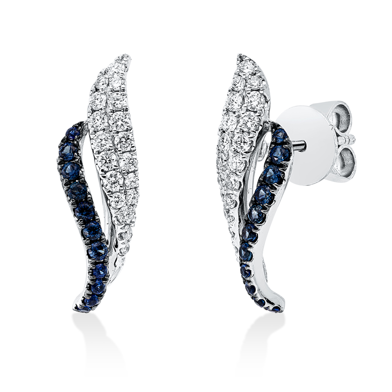 Ohrschmuck 18 kt WG, Fassung schwarz rhodiniert, 36 Brill. 0,28 ct, TW-si, 22 Saphire 0,23 ct blau