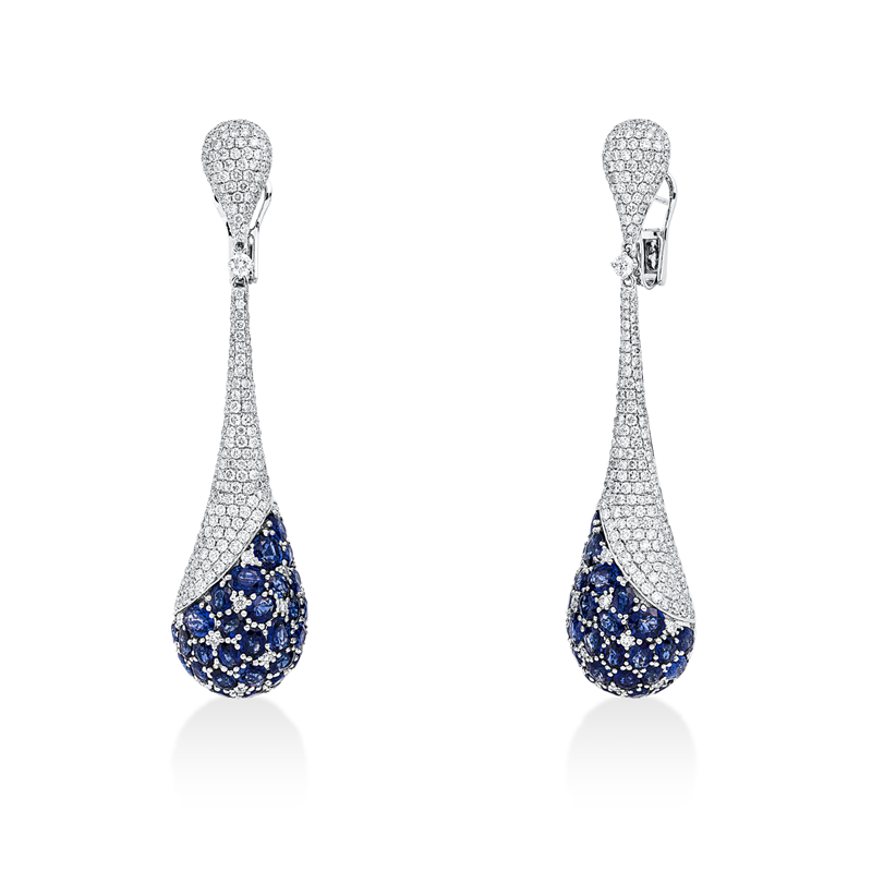 Ohrschmuck 18 kt WG, 2 Brill. 0,22 ct, TW-vsi/si, 454 Brill. 6,23 ct, TW-vsi/si, 62 Saphire 18,81 ct blau