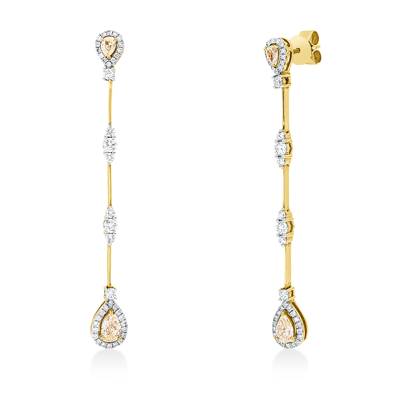Ohrschmuck 18 kt GG+WG, 80 Brill. 0,90 ct, W-pi, 4 Tropfen 0,90 ct, gelb
