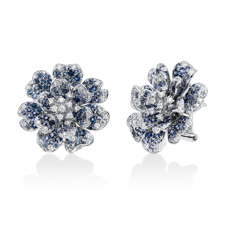 Ohrschmuck 18 kt WG, 104 Brill. 0,92 ct, TW-vsi, 220 Saphire 2,95 ct blau