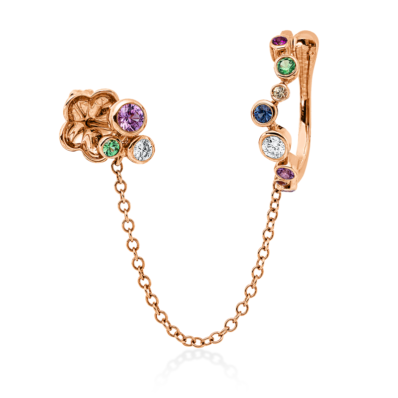 Ohrschmuck 18 kt RG, Ohrmanschette, 2 Brill. 0,08 ct, TW-vsi, 8 Saphire 0,25 ct multicolor, 1 Rubin 0,01 ct rot