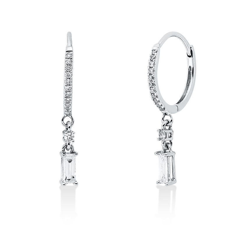 Ohrschmuck 18 kt WG, 2 Bag. 0,12 ct, TW-vsi/si, 24 Brill. 0,09 ct, TTLB-si