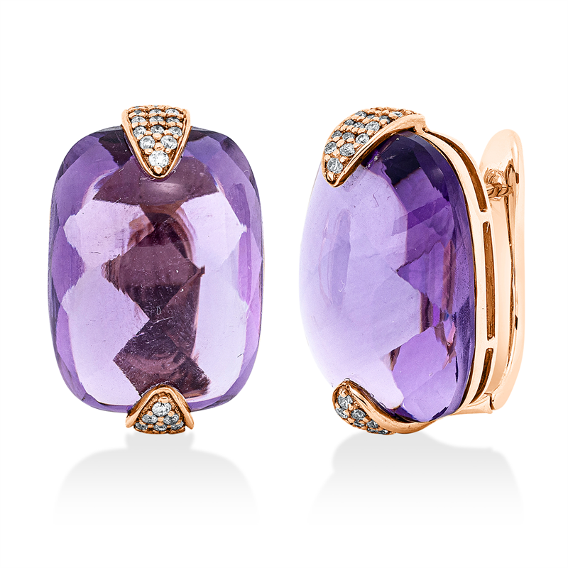 Creolen 18 kt RG, 80 Brill. 0,32 ct, F-vsi/si, 2 Amethyste 33,66 ct lila