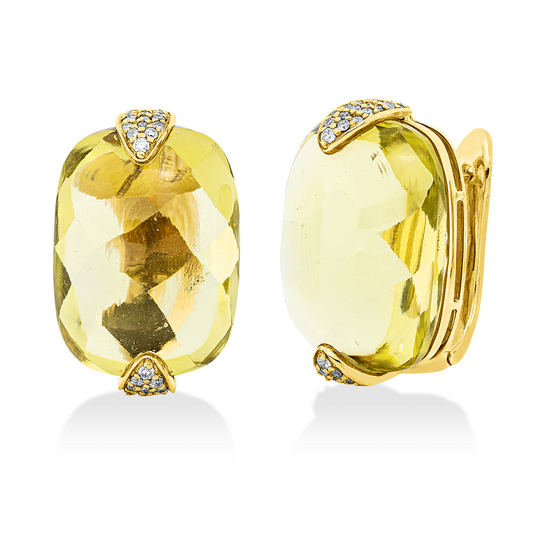 Creolen 18 kt GG, 80 Brill. 0,32 ct, F-vsi/si, 2 Lemonquarz 37,57 ct grün