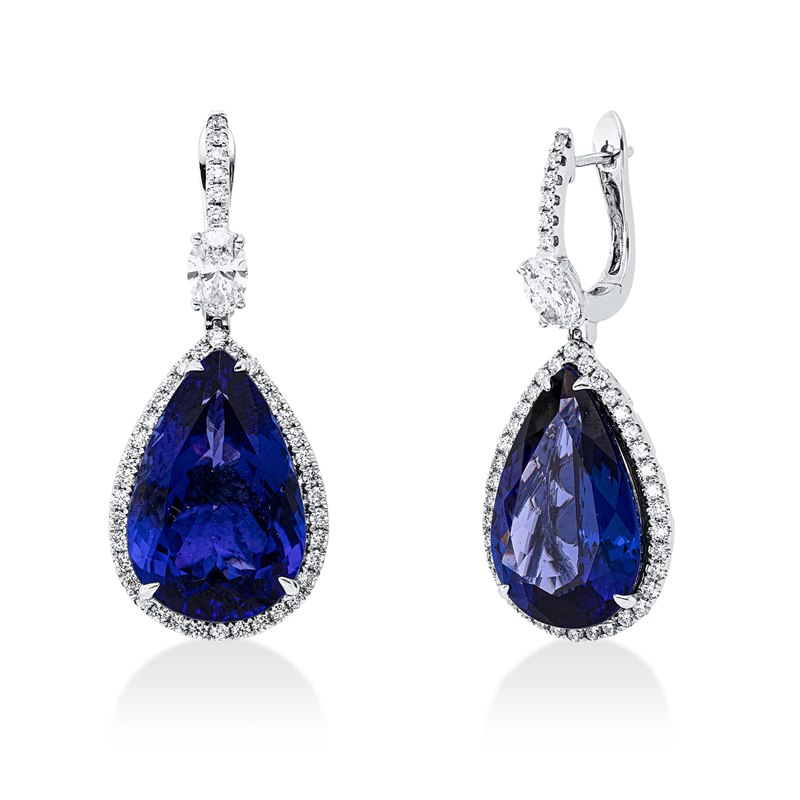 Ohrschmuck 18 kt WG, 2 Oval 1,02 ct, TW-si, 84 Brill. 0,79 ct, TW-si, 2 Tansanit 23,56 ct blau