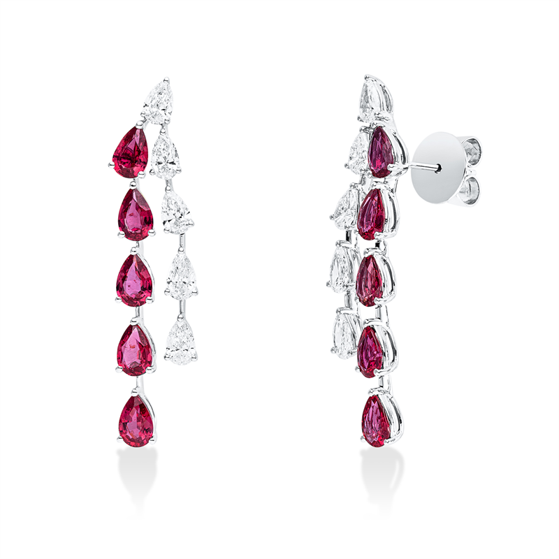 Ohrschmuck 18 kt WG, 10 Tropfen 1,91 ct, F-vvs/vs, 10 Rubine 4,17 ct rot