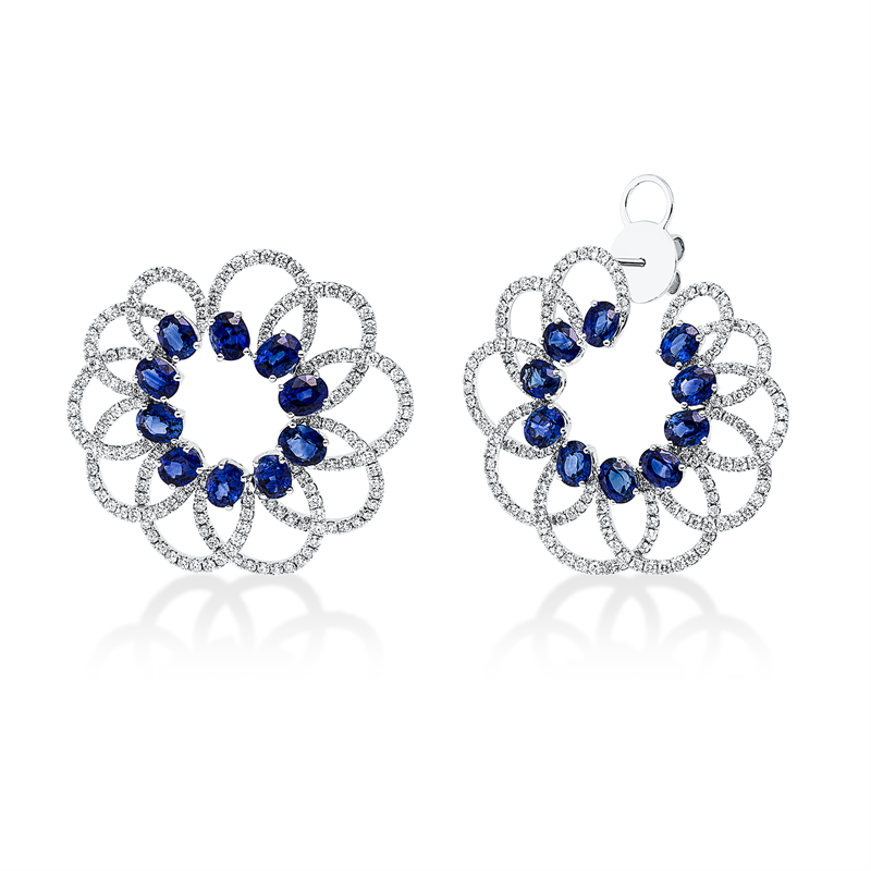Ohrschmuck 18 kt WG, 330 Brill. 2,72 ct, F-vvs/vs, 20 Saphire 9,38 ct blau