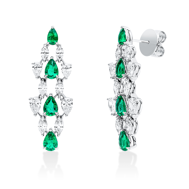 Ohrschmuck 18k WG, 12 Nav. 1,12 ct, F-vvs/vs, 8 Tropfen 1,26 ct, F-vvs/vs, 8 Smaragde 2,18 ct grün