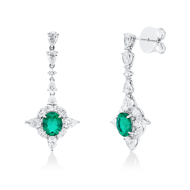 Ohrschmuck 18 kt WG, 8 Nav. 0,56 ct, 2 Br 0,06 ct, 14 Trop 1,88 ct, F-vvs/vs, 2 Sm 1,50 ct grün