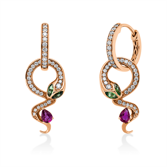 Ohrschmuck 18 kt RG, 72 Brill. 0,44 ct, F-vsi, 4 Tsavorith 0,24 ct grün, 2 Rubine 0,33 ct rot