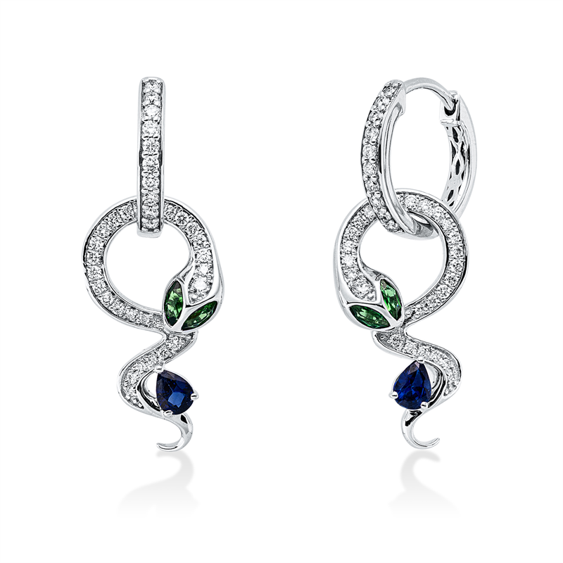 Ohrschmuck 18 kt WG, 72 Brill. 0,44 ct, F-vsi, 2 Saphire 0,27 ct blau, 4 Tsavorith 0,24 ct grün