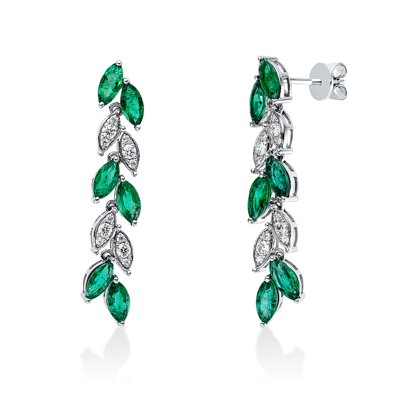 Ohrschmuck 18 kt WG, 24 Brill. 0,28 ct, F-vsi, 12 Smaragde 2,49 ct grün