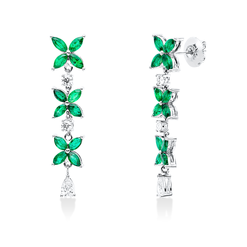 Ohrschmuck 18 kt WG, 2 Nav. 0,49 ct, TW-vsi, 4 Brill. 0,28 ct, F-vsi, 24 Smaragde 3,18 ct grün