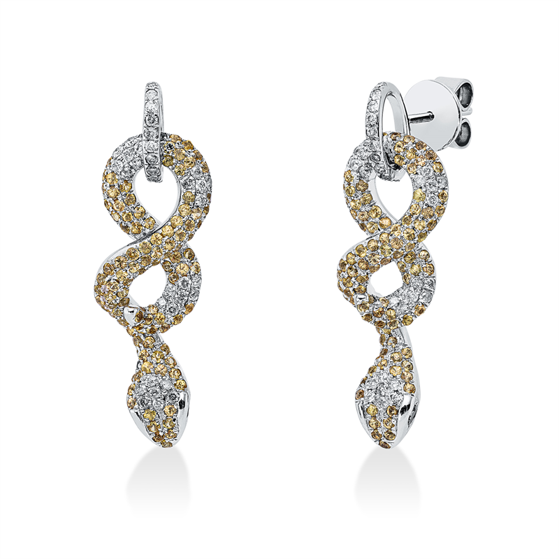 Ohrschmuck 18 kt WG, 72 Brill. 0,46 ct, TW, 218 Saphire 1,66 ct gelb, 4 Tsavorith 0,10 ct grün