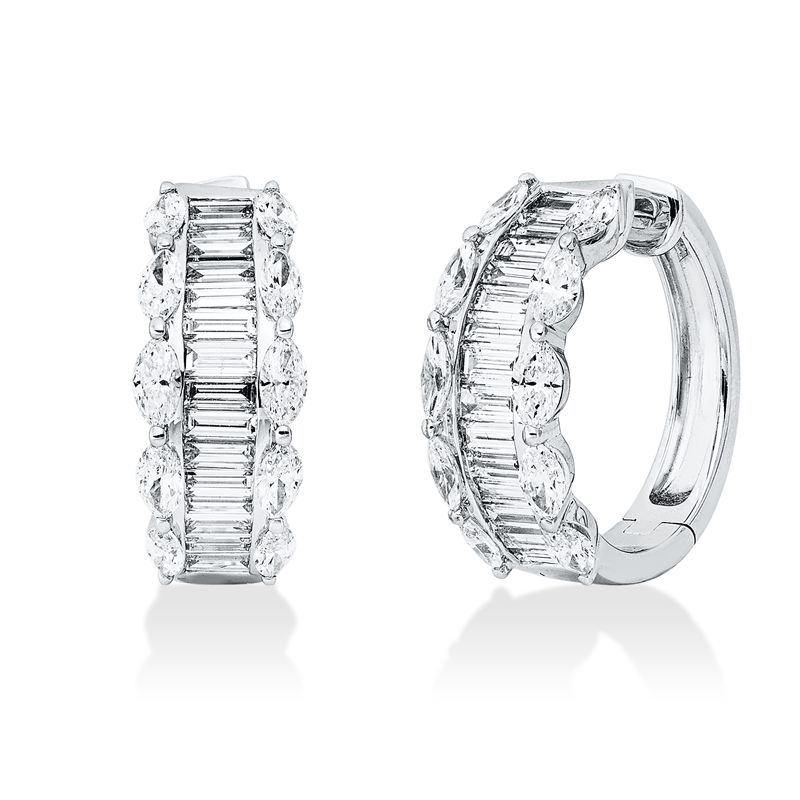Creolen 18 kt WG, 29 Bag. 1,25 ct, TW-si, 20 Nav. 1,28 ct, TW-si
