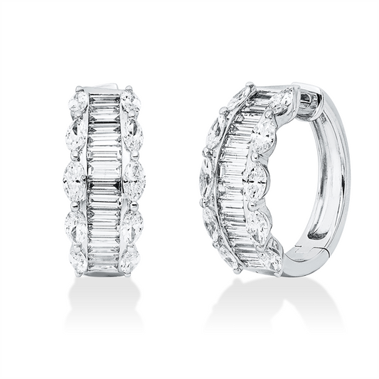 Creolen 18 kt WG, 29 Bag. 1,25 ct, TW-si, 20 Nav. 1,28 ct, TW-si