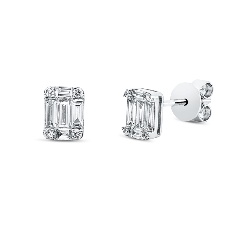 Ohrstecker 18 kt WG, 4 Bag. 0,09 ct, TW-vsi/si, 8 Brill. 0,06 ct, TW-si, 6 Bag. 0,39 ct, TW-vsi/si