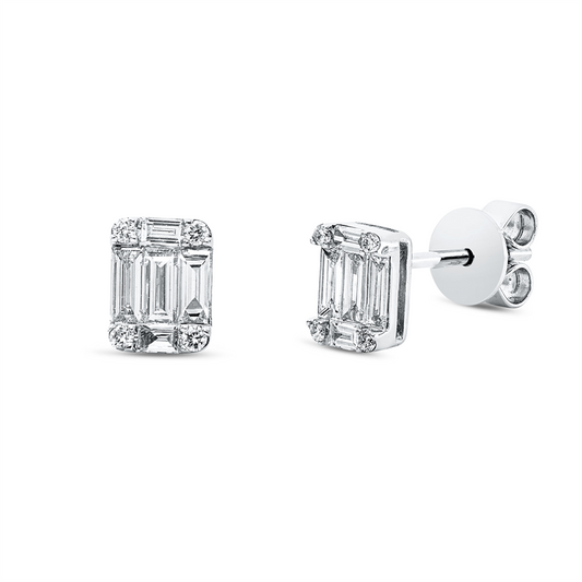 Ohrstecker 18 kt WG, 4 Bag. 0,09 ct, TW-vsi/si, 8 Brill. 0,06 ct, TW-si, 6 Bag. 0,39 ct, TW-vsi/si