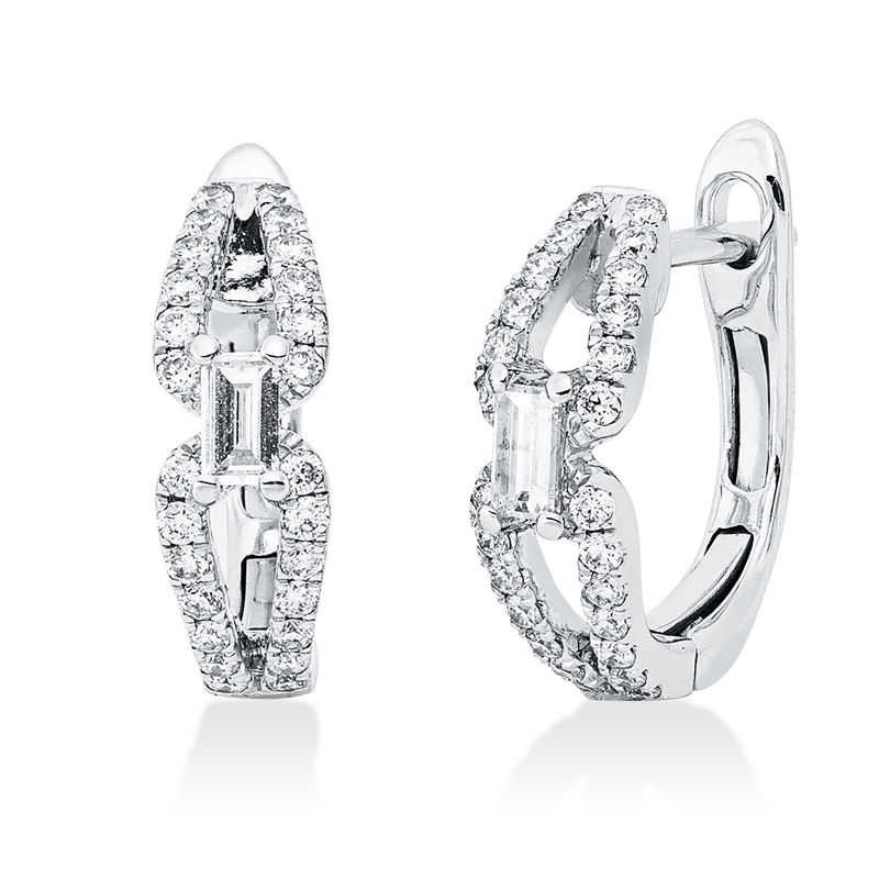 Creolen 18 kt WG, 32 Brill. 0,20 ct, TW-si, 20 Brill. 0,10 ct, TW-si, 2 Bag. 0,14 ct, TW-vsi